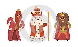 Bearded Kings Wearing Crowns and Mantles Holding Sceptre Vector Set