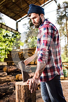 bearded lumberjack in checkered shirt preparing to chop log photo