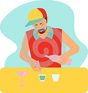 A bearded male bartender makes a cocktail by pouring liquid from a pink bottle into a glass of blue drink. Vector flat