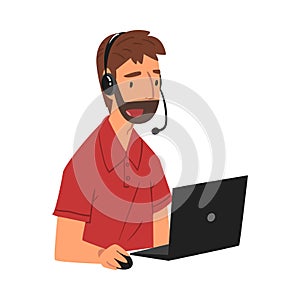 Bearded Male Call Center Operator, Online Customer Support Service Assistant with Headset, Help Desk, Technical Support