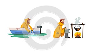 Bearded Male Fisherman with Fishing Net Angling in Boat and Boiling Soup in Cauldron Vector Set