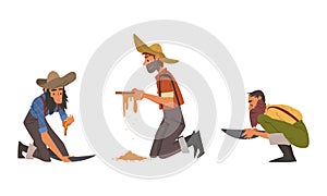 Bearded Male Prospector Character Gold Mining Sieving and Holding Pan Vector Set