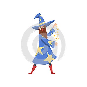 Bearded Male Sorcerer Character Wearing Blue Mantle with Stars and Pointed Hat Practicing Wizardry Vector Illustration photo