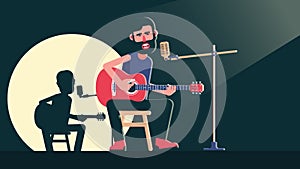 Bearded Man with acoustic guitar on the stage sings a song. Rock star Unplugged performance.