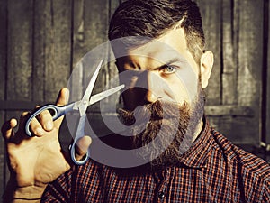 Bearded man barber with scissors