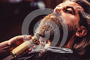 Bearded man in barbershop. Man visiting hairstylist in barbershop. Barber works with a beard clipper. Hipster client