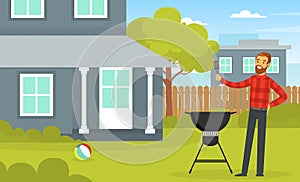 Bearded Man On BBQ Picnic Eating Outdoors and Cooking Grilled Meat On Barbecue Grill Vector Illustration