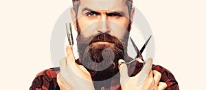 Bearded man, bearded male. Portrait of stylish man beard. Barber scissors and straight razor, barber shop. Vintage