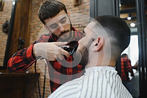 Bearded man, bearded male. Vintage barbershop, shaving. Portrait of stylish man beard. Barber scissors and straight