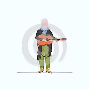 Bearded man beggar playing guitar tramp begging for help homeless jobless concept flat full length white background