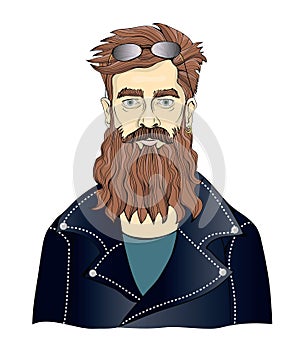 A bearded man in black leather jackets. Moto Biker or fan of rock music. Vector portrait illustration, isolated on white