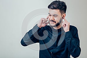 Bearded Man Blank Snapback Cap Summer Time.Young Men Using Smartphone Headphones