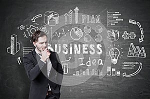 Bearded man and business idea icons on blackboard