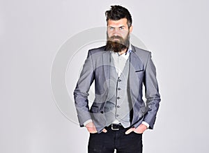 Bearded man in business suit on grey background, copy space. hipster has confindent look. beard care and barber