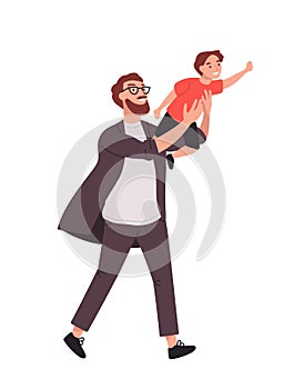 Bearded man carrying young boy. Smiling dad holding son. Joyful father playing with his little kid. Happy family. Cute