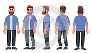 Bearded man in casual clothes. The guy is view from the front, from the side and from the back. Vector illustration