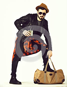 Bearded man, caucasian hipster with moustache holding flask