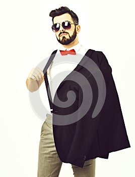 Bearded man, caucasian hipster with moustache and sunglasses