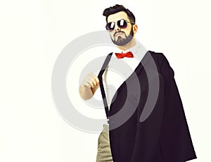 Bearded man, caucasian hipster with moustache and sunglasses