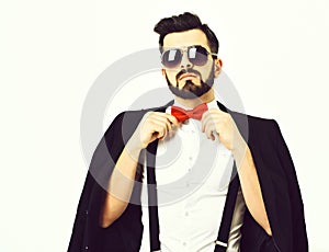 Bearded man, caucasian hipster with moustache and sunglasses