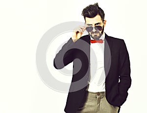 Bearded man, caucasian hipster with moustache and sunglasses