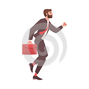 Bearded Man Character with Briefcase Hurrying Running Fast Feeling Panic of Being Late Vector Illustration