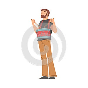 Bearded Man Character Musician Performing Music Playing Drum Vector Illustration