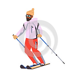 Bearded Man Character Skiing at Mountain Ski Resort in Winter Season Vector Illustration