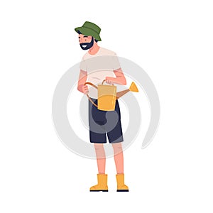 Bearded Man Character Standing with Watering Can Engaged in Plant Cultivation Vector Illustration