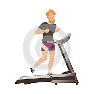 Bearded Man Character on Treadmill Doing Sport and Physical Exercise Training Body and Muscle Vector Illustration