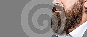 Bearded man close up. Beard is his style. Closeup of bearded mans. Male with mustache growing.Closeup beard hipster