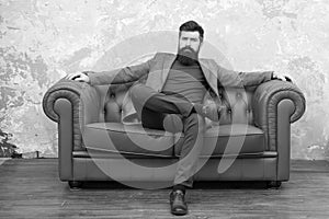 Bearded man with confident face sit leather couch. Loft interior apartment. Businessman realtor work. Furniture shop