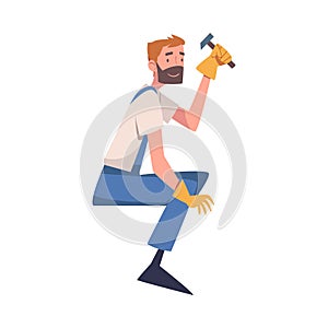 Bearded Man Construction Worker Character with Hammer Engaged in Roof Repair Vector Illustration