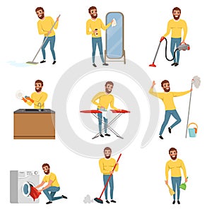 Bearded man with different household chores. Cleaning floor with mop and vacuum cleaner, washing dishes, ironing clothes