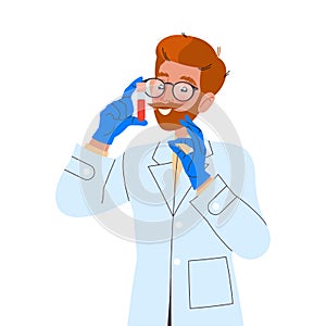 Bearded Man Doctor or Practitioner in Uniform with Blood Flask Showing Ok Gesture and Smiling Vector Illustration