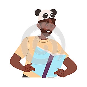Bearded Man Father with Panda Mask on Head Reading Fairytale Book Vector Illustration