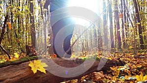 Bearded man in the forest with an ax slowing down.