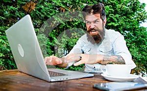 Bearded man freelance worker. Remote job. Freelance professional occupation. Hipster busy with freelance. Wifi and