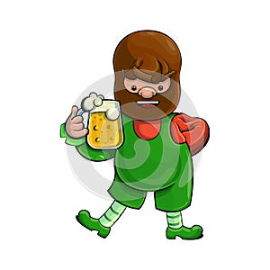 A bearded man with a glass of foamy beer. Static figure in a green suit. Cartoon character. Vector illustration