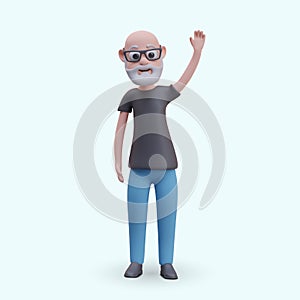 Bearded man with glasses raised his hand. Elderly male character asks question
