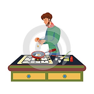 A bearded man in a green sweater is cooking scrambled eggs on the pan. Vector illustration in flat cartoon style.