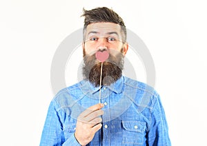 Bearded man with happy face flirts. Dating, flirt, flirtatious emotions concept