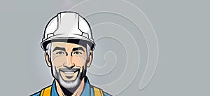 Bearded man in hard hat smiling with gesture, sports gear on head