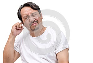 Bearded man has an itchy ear or a pain in his ear isolated on white background