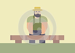 Bearded man with hat standing behind park bench. Casual urban male character outdoors. Simplistic style people vector