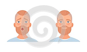 Bearded Man Head with Smile and Gasp as Facial Expression Vector Set