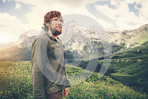 Bearded Man hiking Travel Lifestyle concept mountains on background