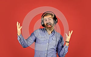 bearded man hipster in headset. listen audio book. Music beat for energetic mood. his favorite song. enjoy excellent