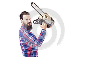 Bearded man holding a chainsaw isolated on a white background