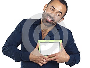 Bearded man holding empty green picture frame